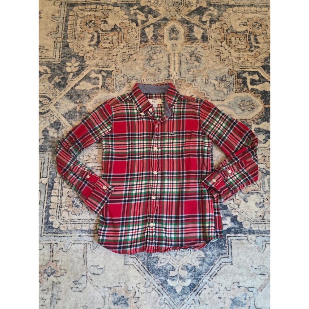 Crown & Ivy 5 Plaid Red Green Navy Long Sleeve Button Down Shirt 100% Cotton